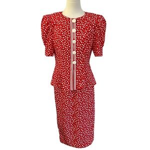 Vintage Leslie Fay Red Polka Dot Pinup Rockabilly Skirt Set Peplum Retro 1980s